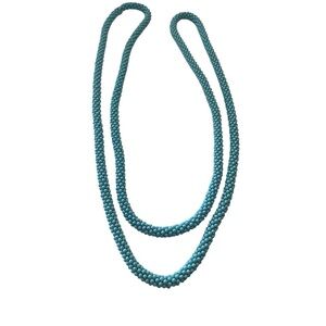 Handmade Blue Crocheted Beaded Necklace.